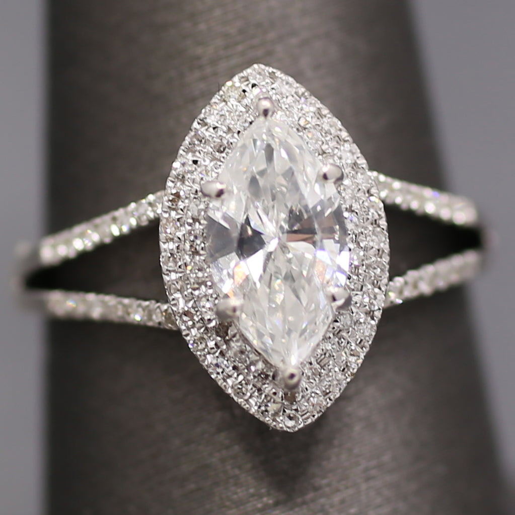 Sparkly GIA Certified Marquise Cut Diamond Halo Split Shank Engagement Ring in 18k White Gold
