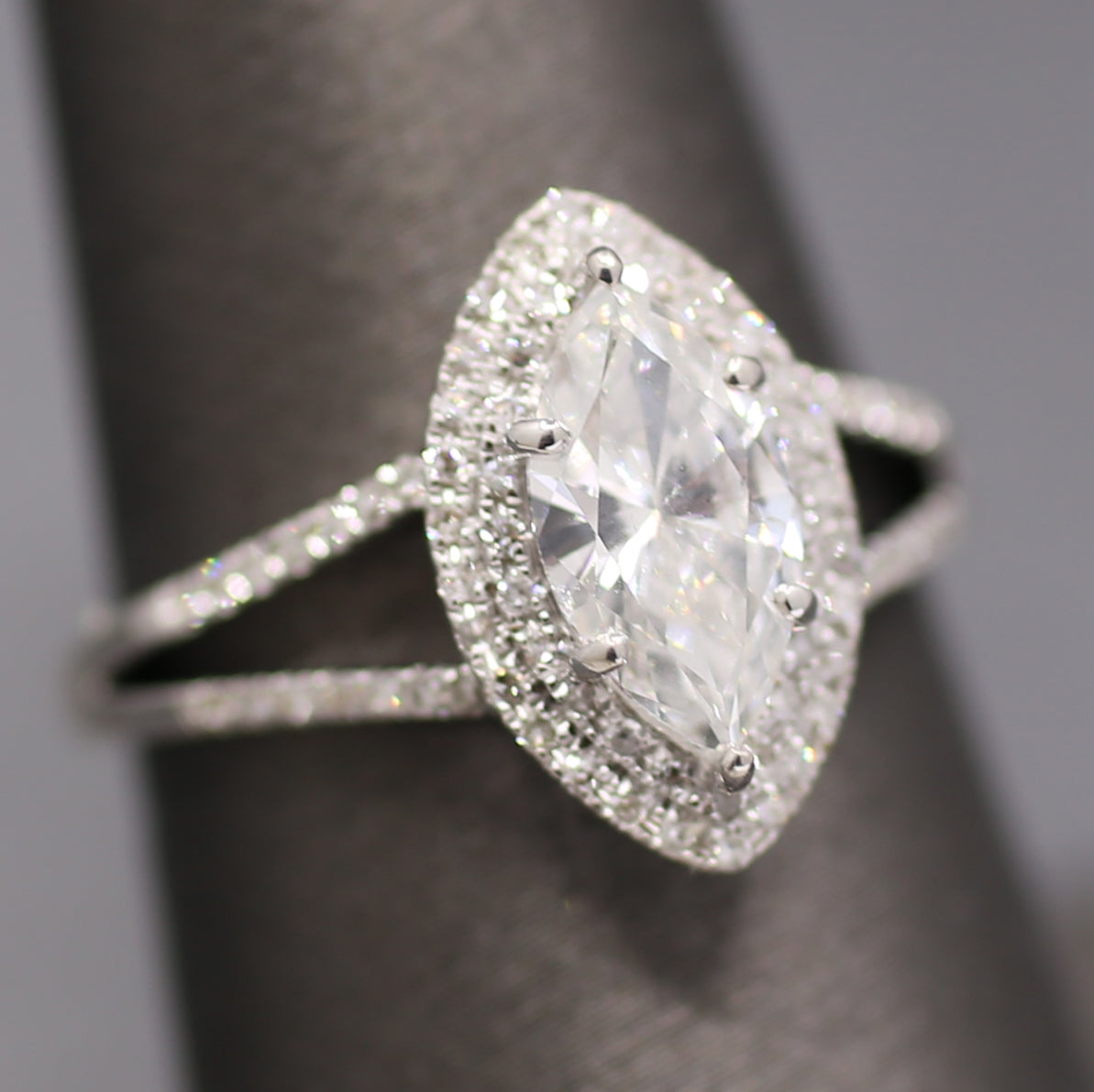 Sparkly GIA Certified Marquise Cut Diamond Halo Split Shank Engagement Ring in 18k White Gold