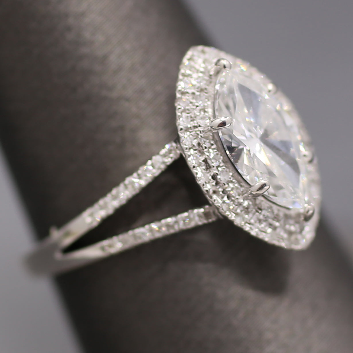 Sparkly GIA Certified Marquise Cut Diamond Halo Split Shank Engagement Ring in 18k White Gold
