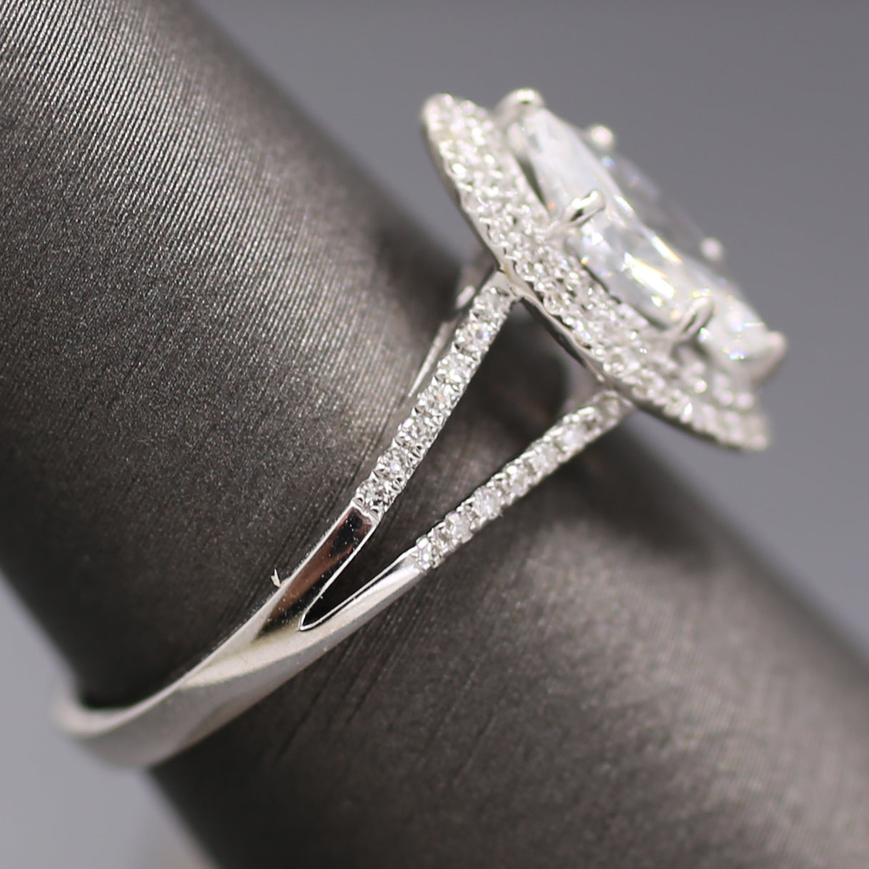 Sparkly GIA Certified Marquise Cut Diamond Halo Split Shank Engagement Ring in 18k White Gold