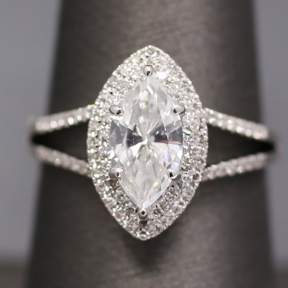 Sparkly GIA Certified Marquise Cut Diamond Halo Split Shank Engagement Ring in 18k White Gold