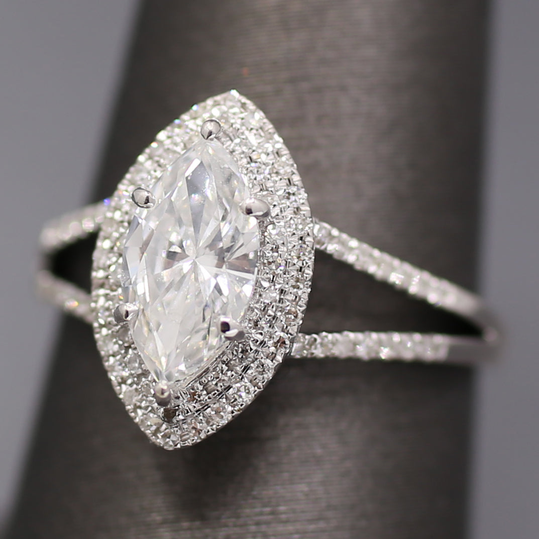 Sparkly GIA Certified Marquise Cut Diamond Halo Split Shank Engagement Ring in 18k White Gold