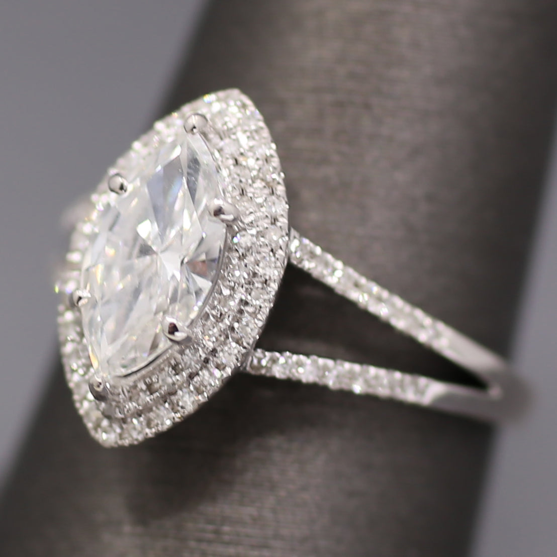 Sparkly GIA Certified Marquise Cut Diamond Halo Split Shank Engagement Ring in 18k White Gold