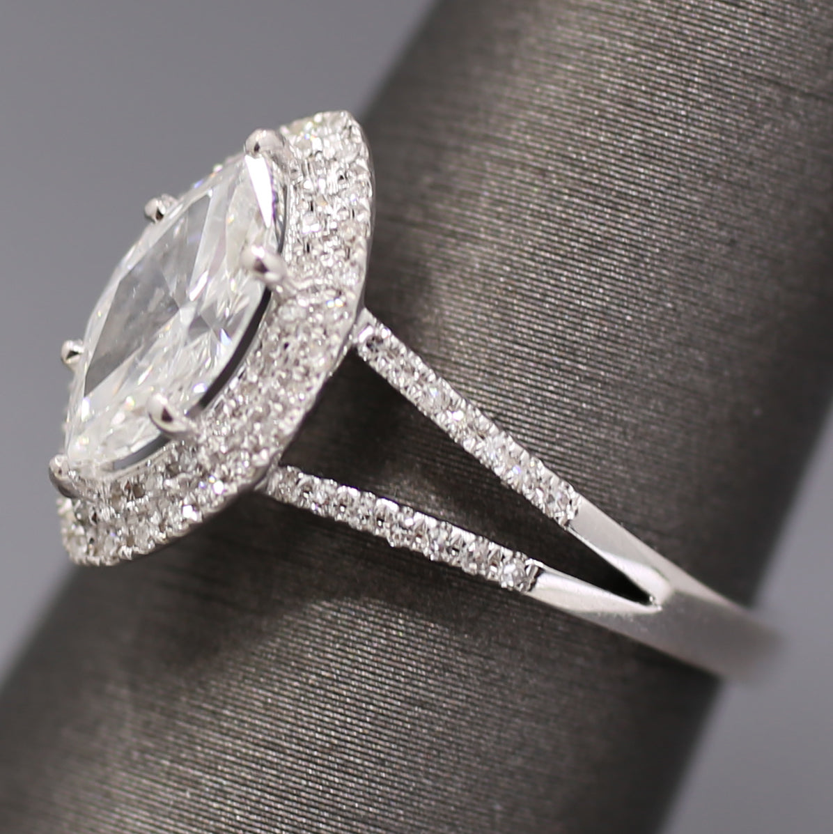 Sparkly GIA Certified Marquise Cut Diamond Halo Split Shank Engagement Ring in 18k White Gold