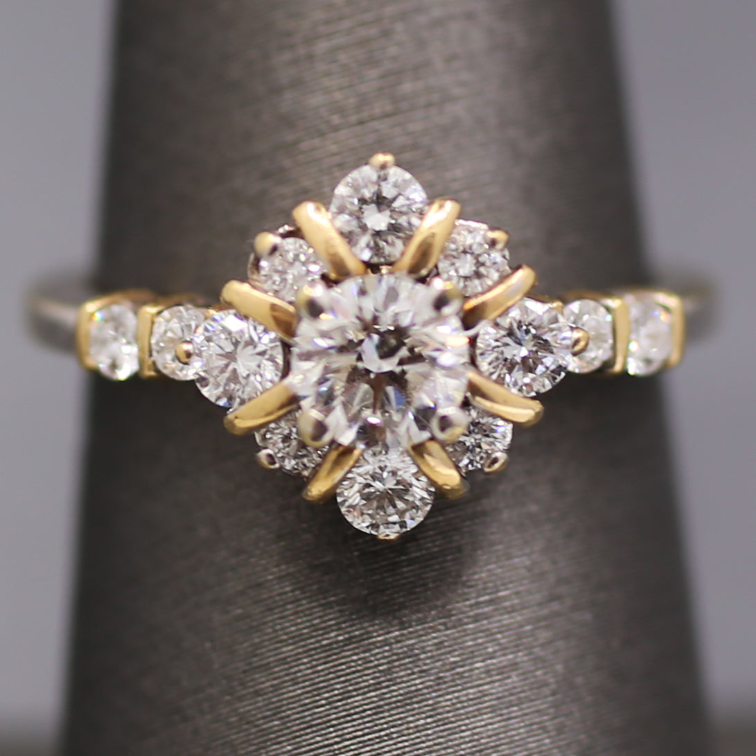 Vintage Two Tone Diamond Compass Cluster Ring in 14k Yellow and White Gold