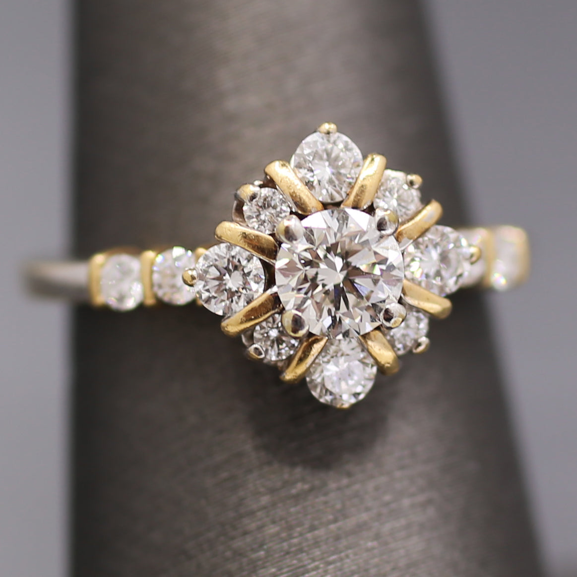 Vintage Two Tone Diamond Compass Cluster Ring in 14k Yellow and White Gold