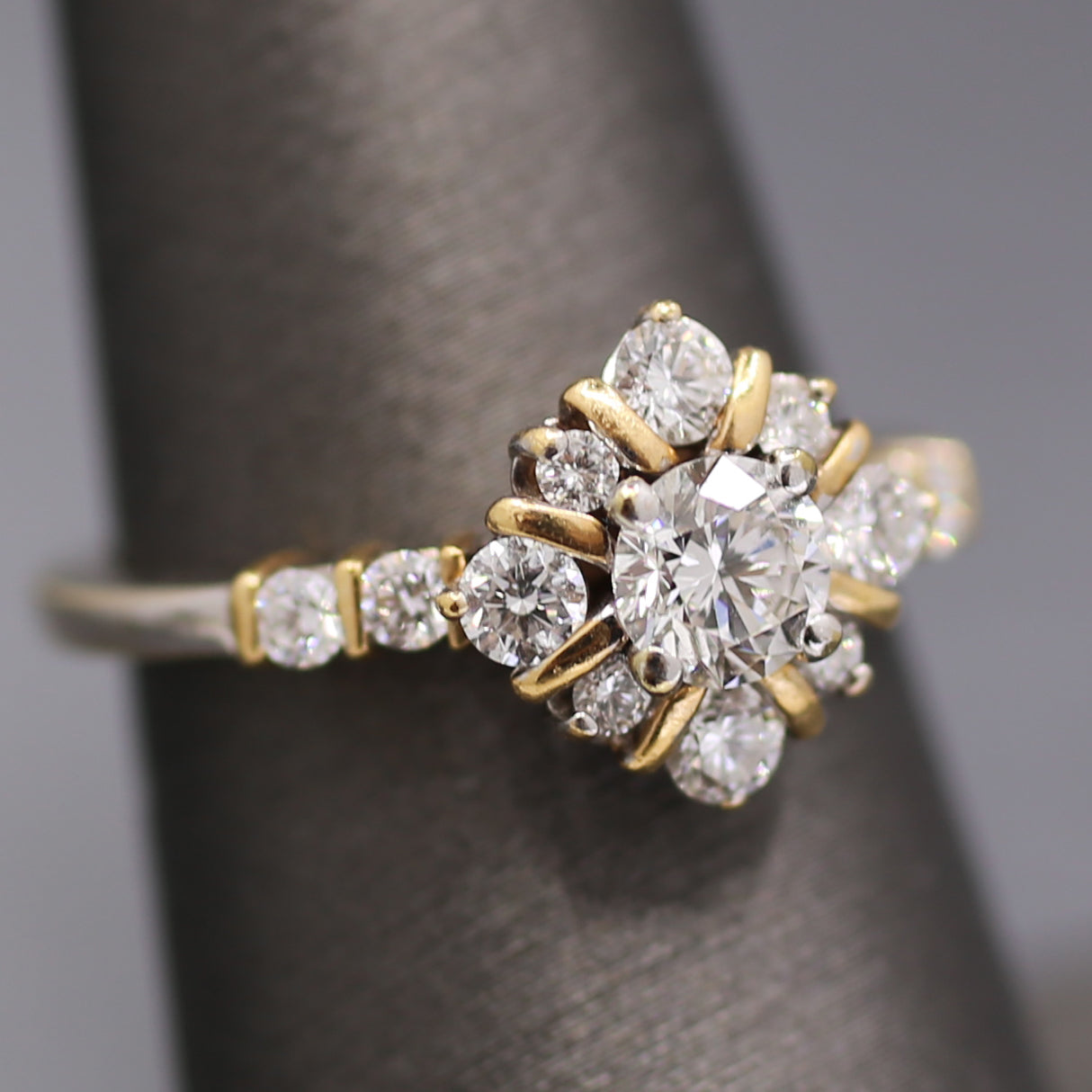 Vintage Two Tone Diamond Compass Cluster Ring in 14k Yellow and White Gold