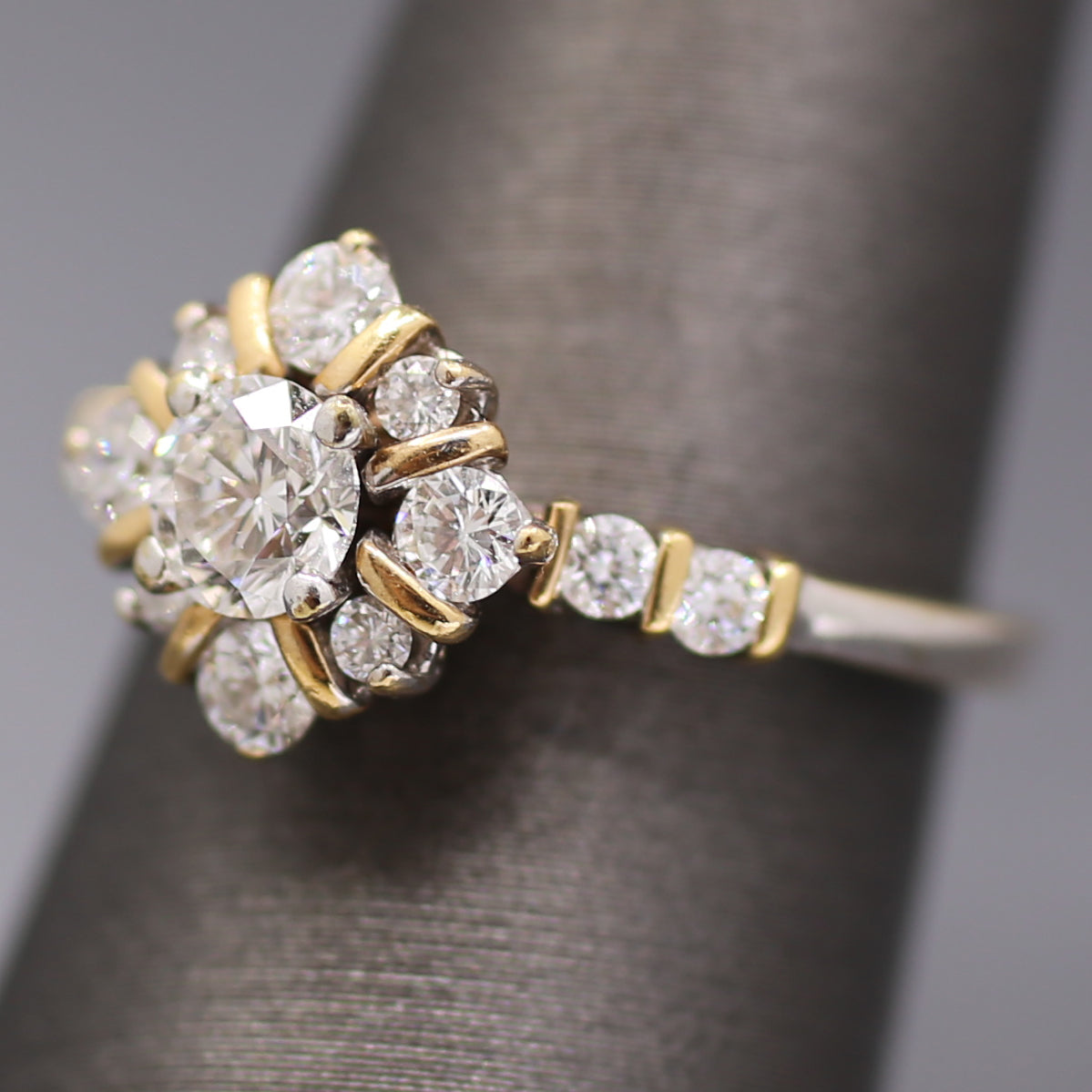 Vintage Two Tone Diamond Compass Cluster Ring in 14k Yellow and White Gold