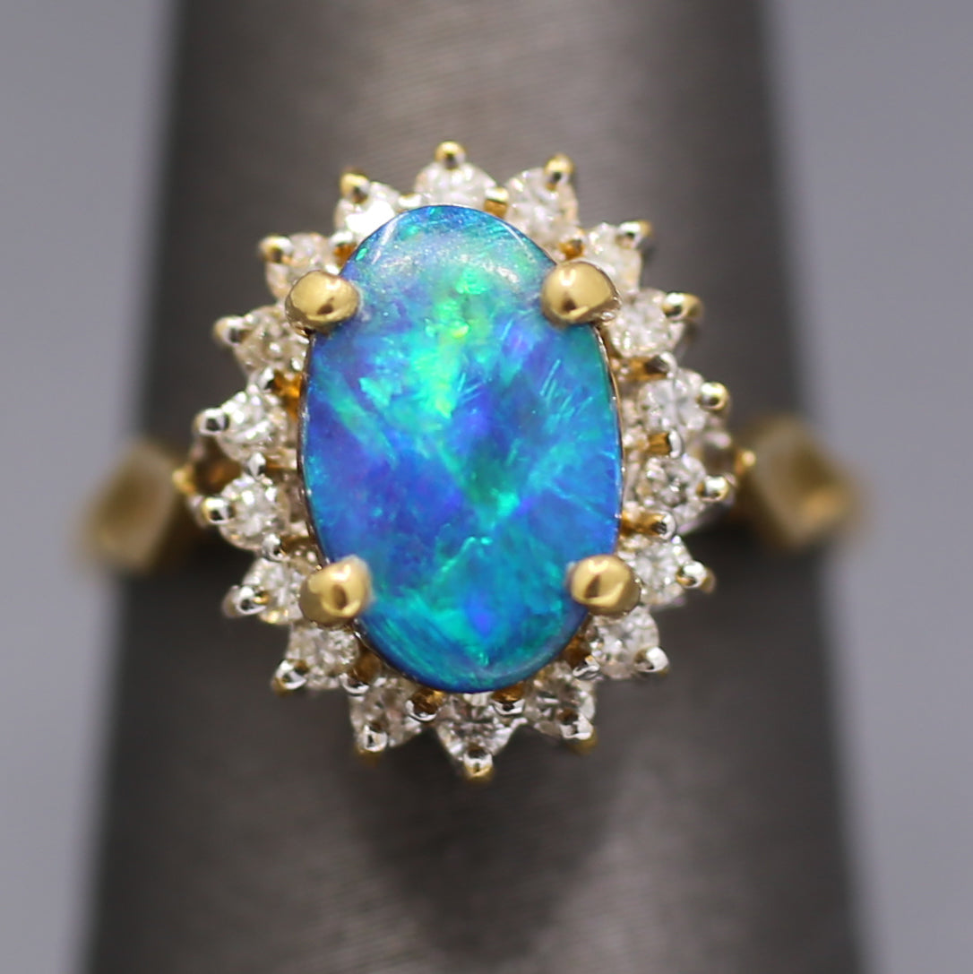 Vintage Blue & Green Boulder Opal and Diamond Ring in 18k Yellow Gold
