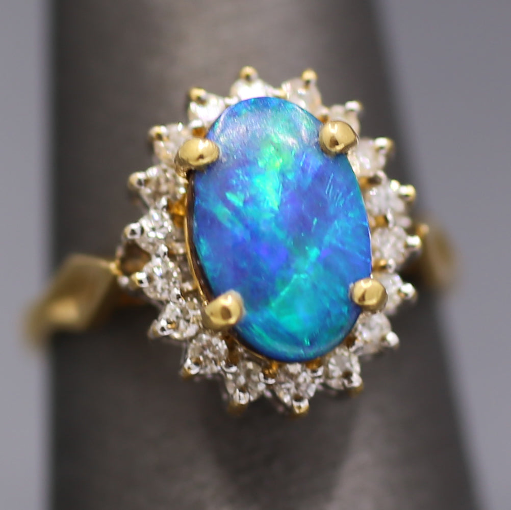 Vintage Blue & Green Boulder Opal and Diamond Ring in 18k Yellow Gold