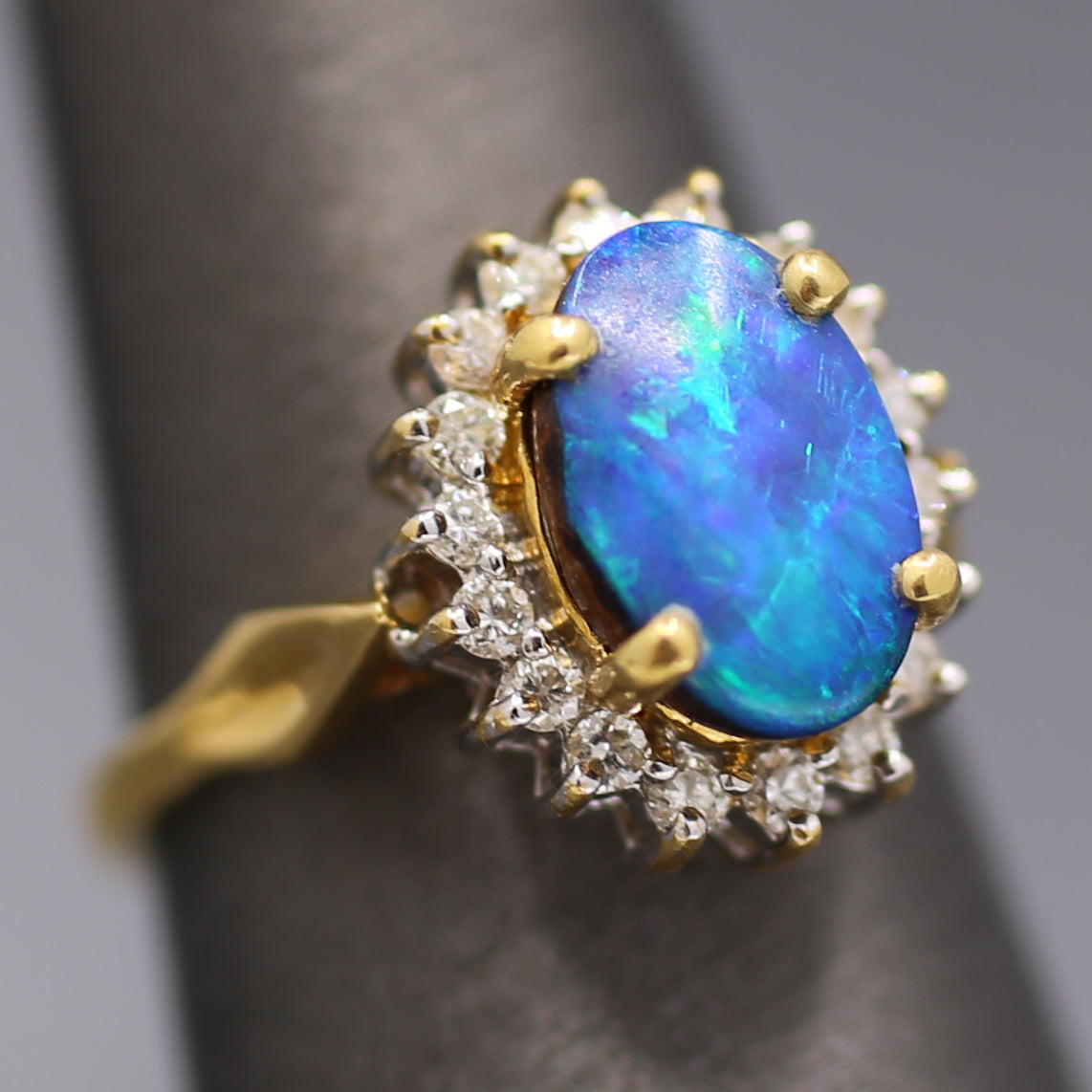Vintage Blue & Green Boulder Opal and Diamond Ring in 18k Yellow Gold