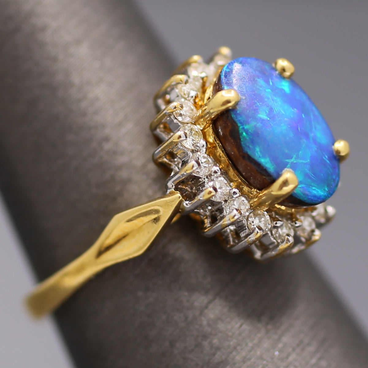 Vintage Blue & Green Boulder Opal and Diamond Ring in 18k Yellow Gold