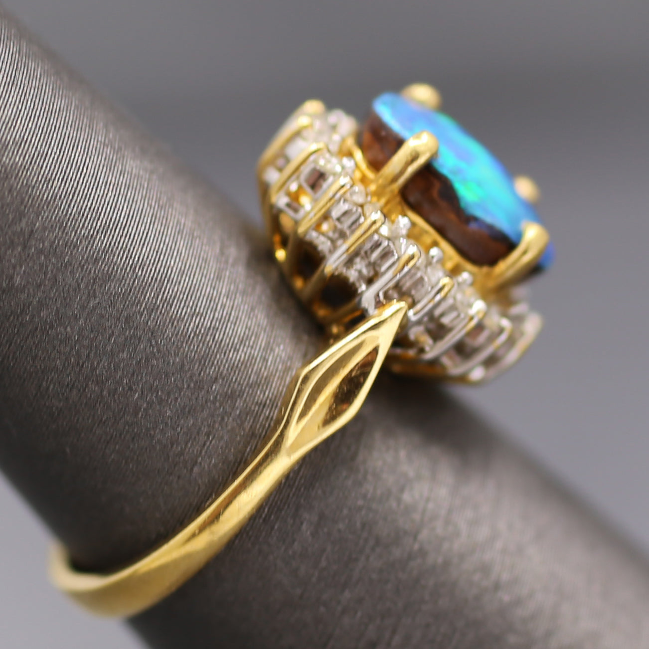 Vintage Blue & Green Boulder Opal and Diamond Ring in 18k Yellow Gold