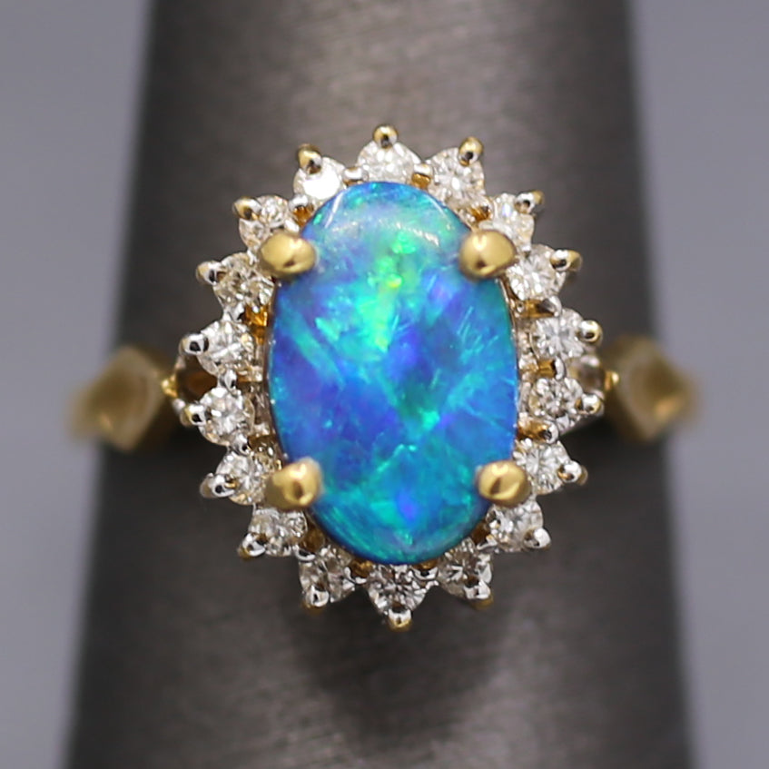 Vintage Blue & Green Boulder Opal and Diamond Ring in 18k Yellow Gold