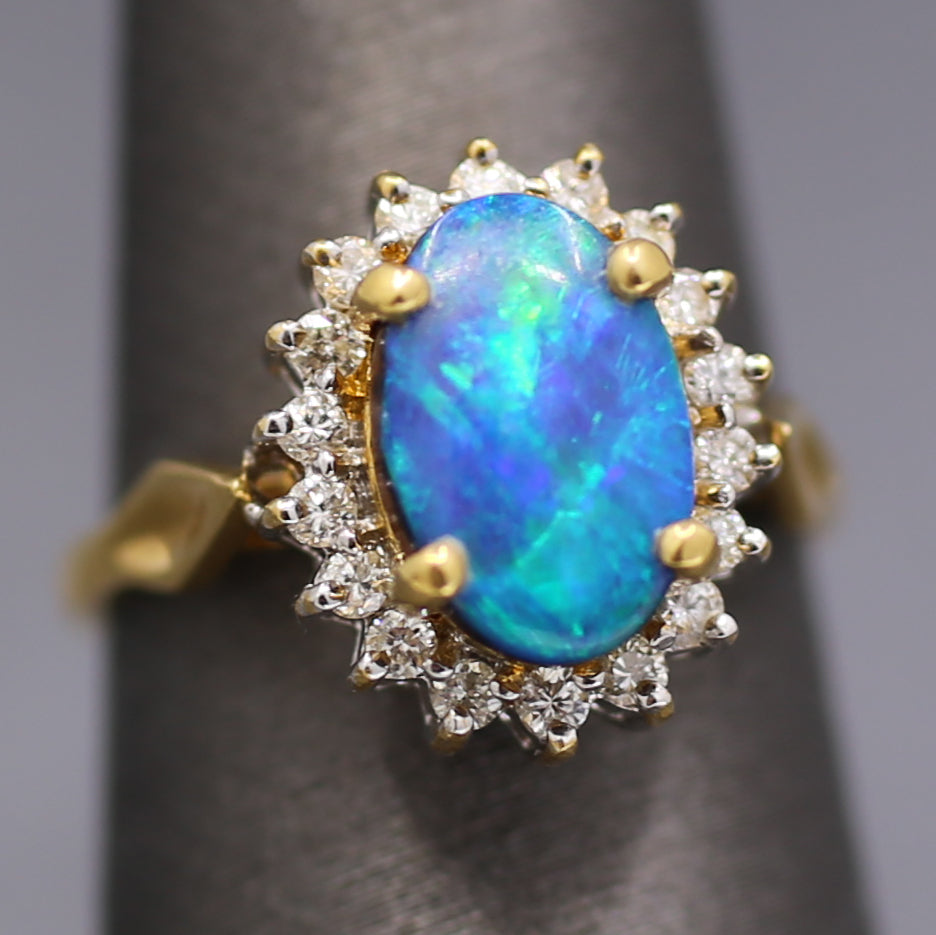 Vintage Blue & Green Boulder Opal and Diamond Ring in 18k Yellow Gold