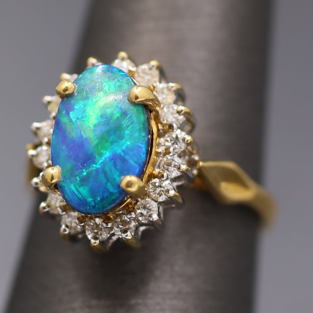 Vintage Blue & Green Boulder Opal and Diamond Ring in 18k Yellow Gold