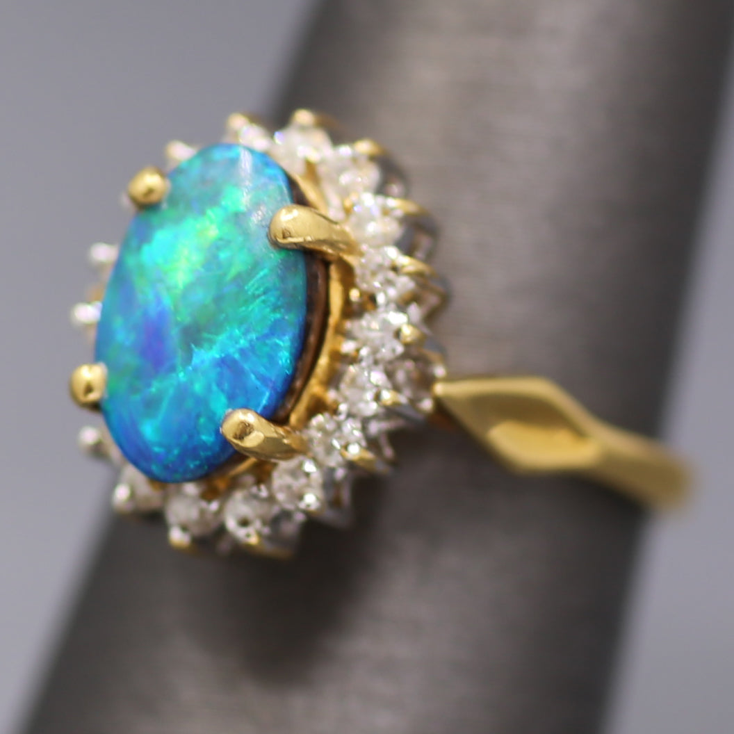 Vintage Blue & Green Boulder Opal and Diamond Ring in 18k Yellow Gold