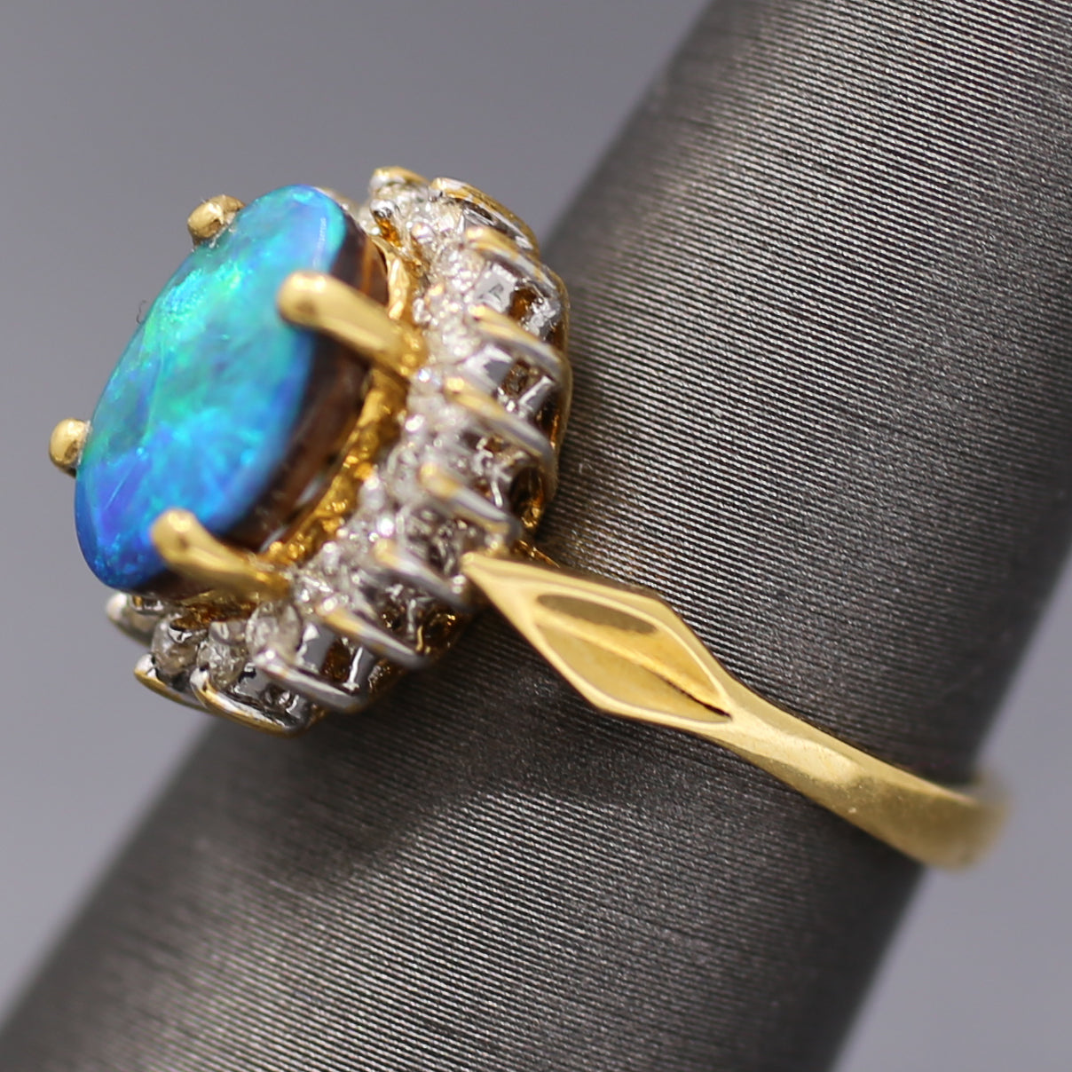Vintage Blue & Green Boulder Opal and Diamond Ring in 18k Yellow Gold