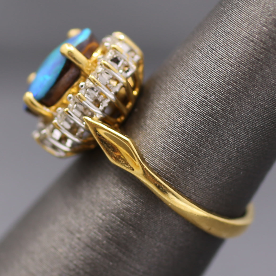 Vintage Blue & Green Boulder Opal and Diamond Ring in 18k Yellow Gold