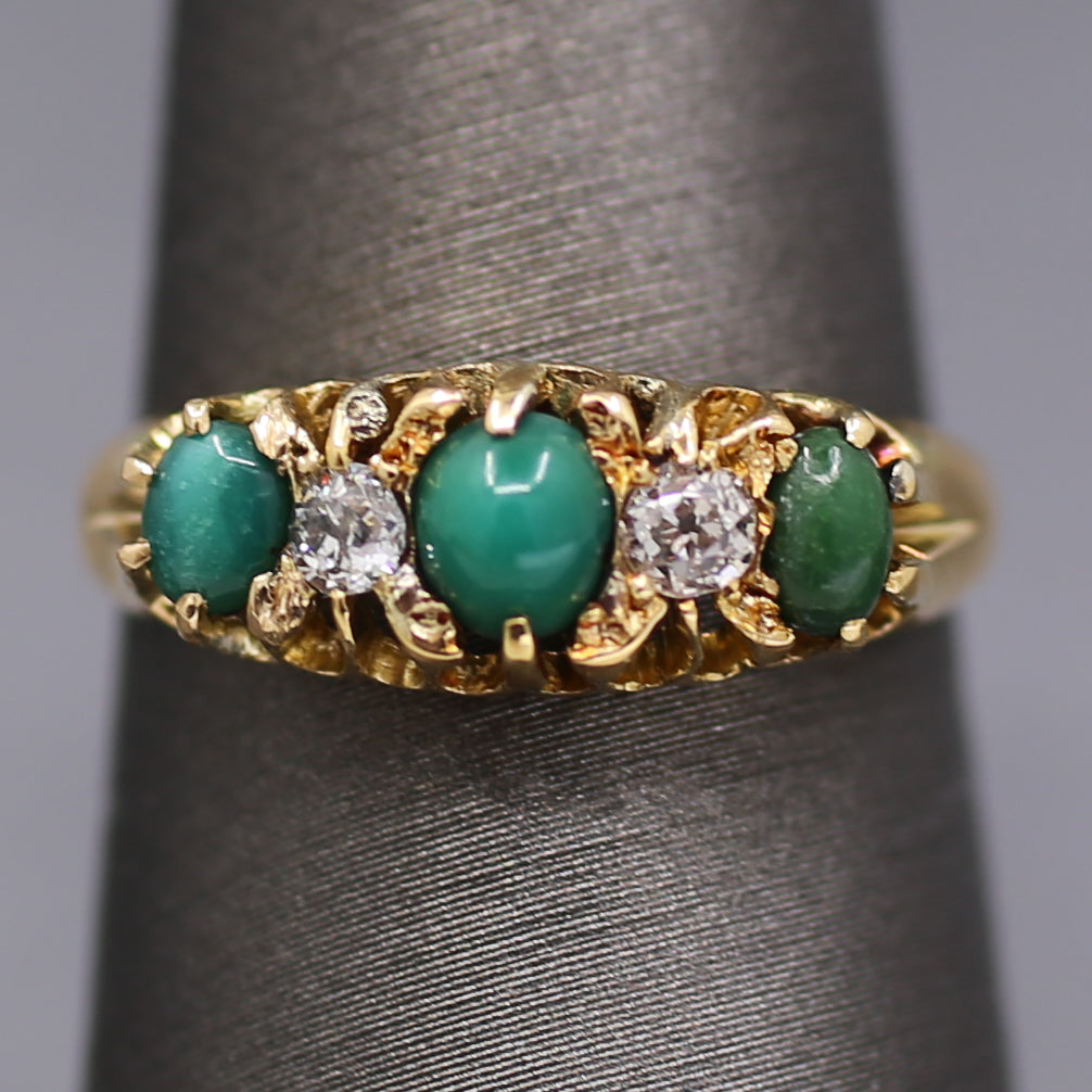 Victorian Turquoise and Old Mine Cut Diamond Five Stone Ring in 18k Yellow Gold