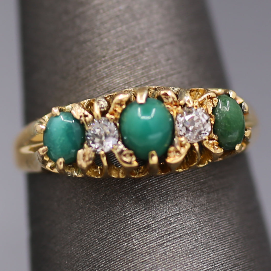 Victorian Turquoise and Old Mine Cut Diamond Five Stone Ring in 18k Yellow Gold
