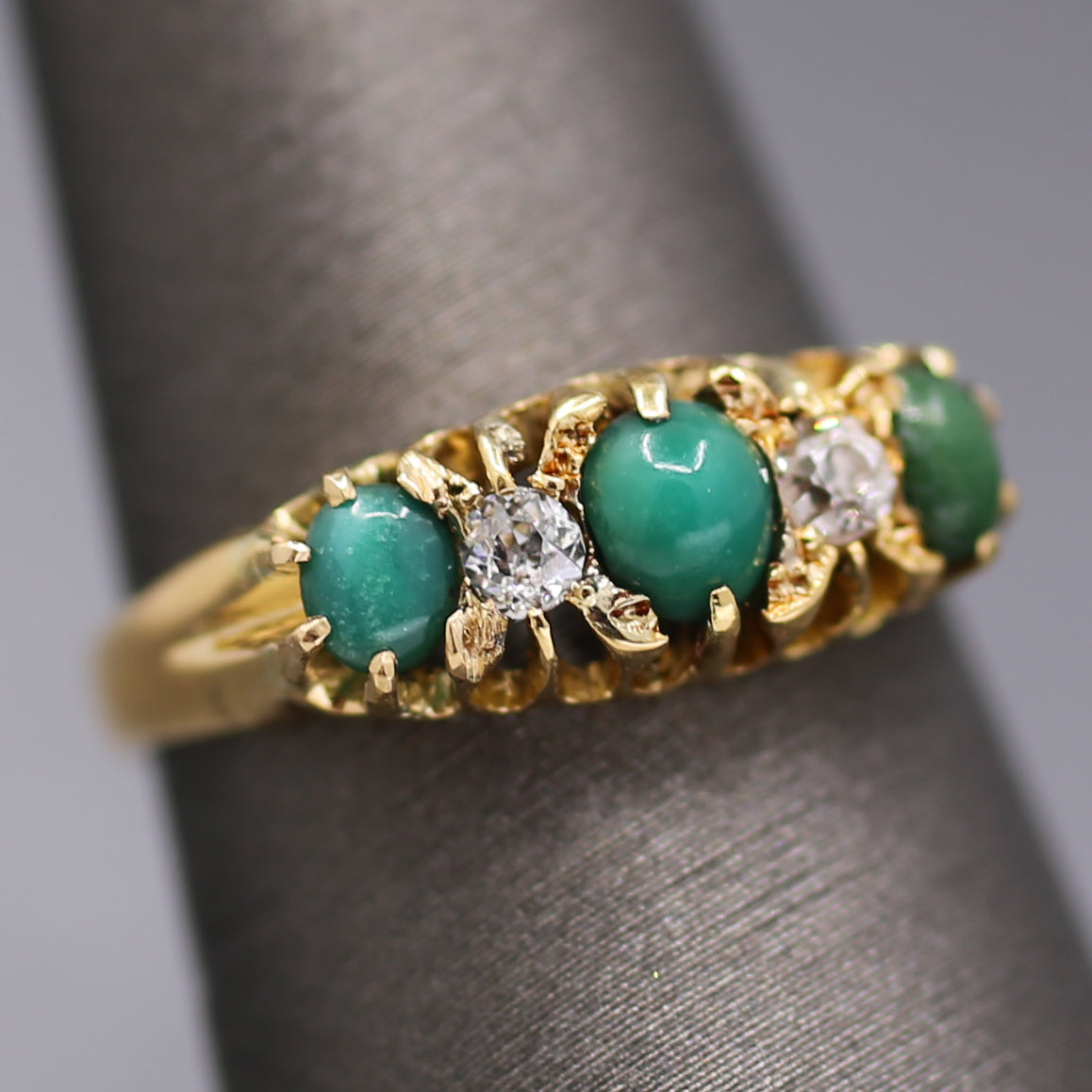 Victorian Turquoise and Old Mine Cut Diamond Five Stone Ring in 18k Yellow Gold