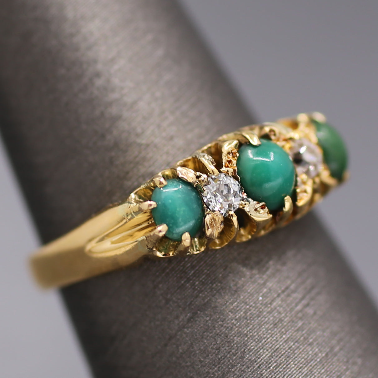 Victorian Turquoise and Old Mine Cut Diamond Five Stone Ring in 18k Yellow Gold