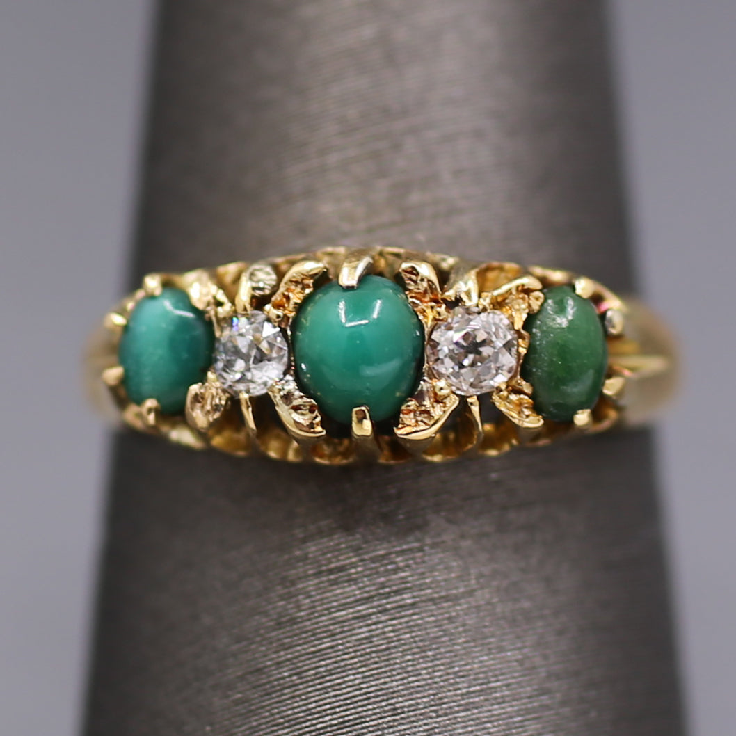 Victorian Turquoise and Old Mine Cut Diamond Five Stone Ring in 18k Yellow Gold