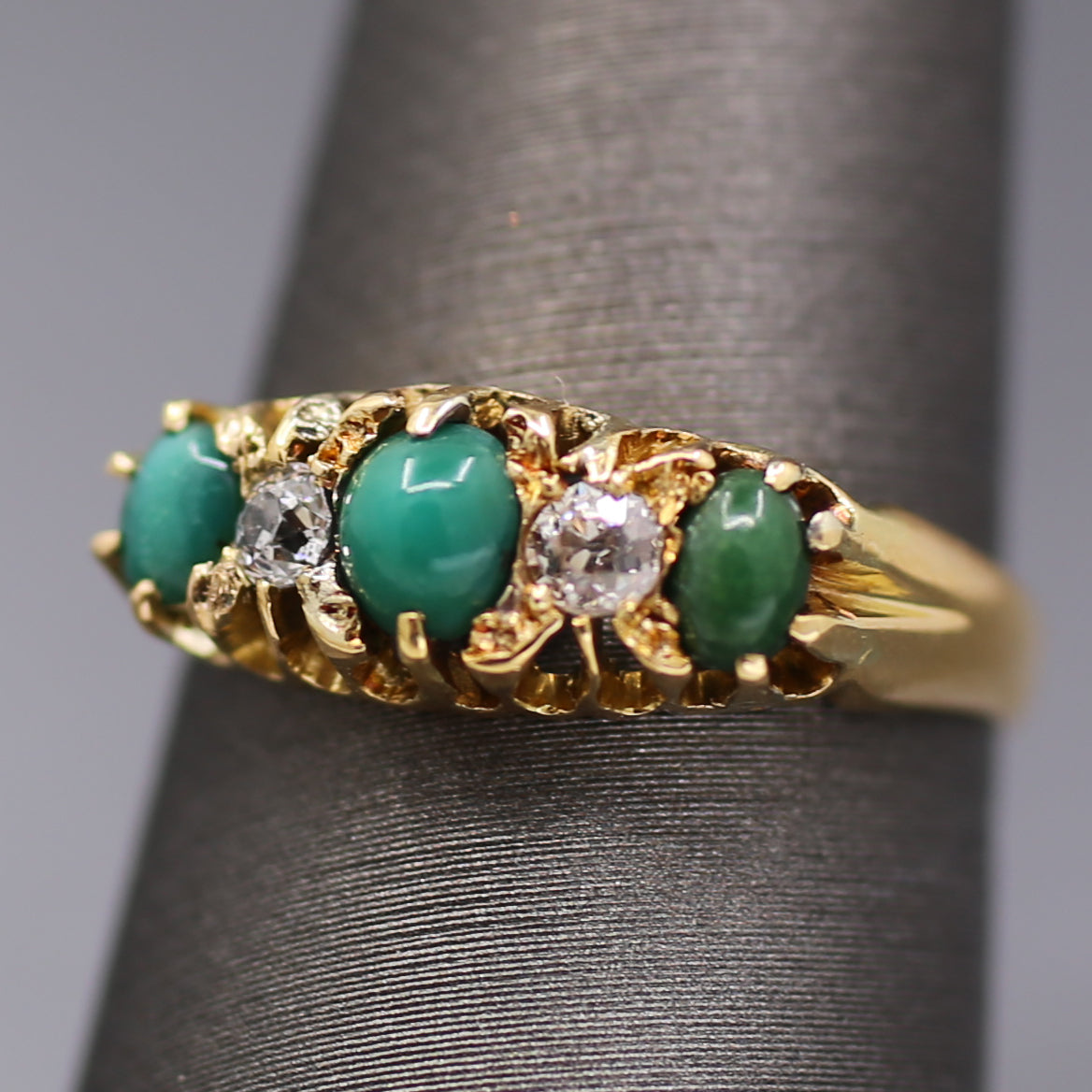 Victorian Turquoise and Old Mine Cut Diamond Five Stone Ring in 18k Yellow Gold