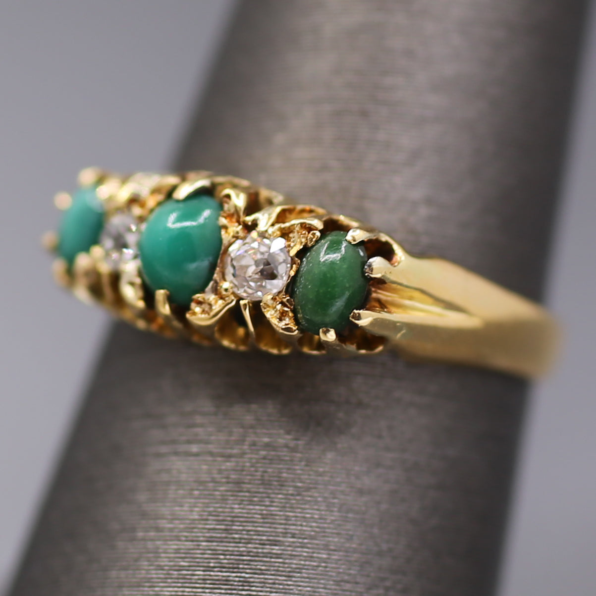 Victorian Turquoise and Old Mine Cut Diamond Five Stone Ring in 18k Yellow Gold