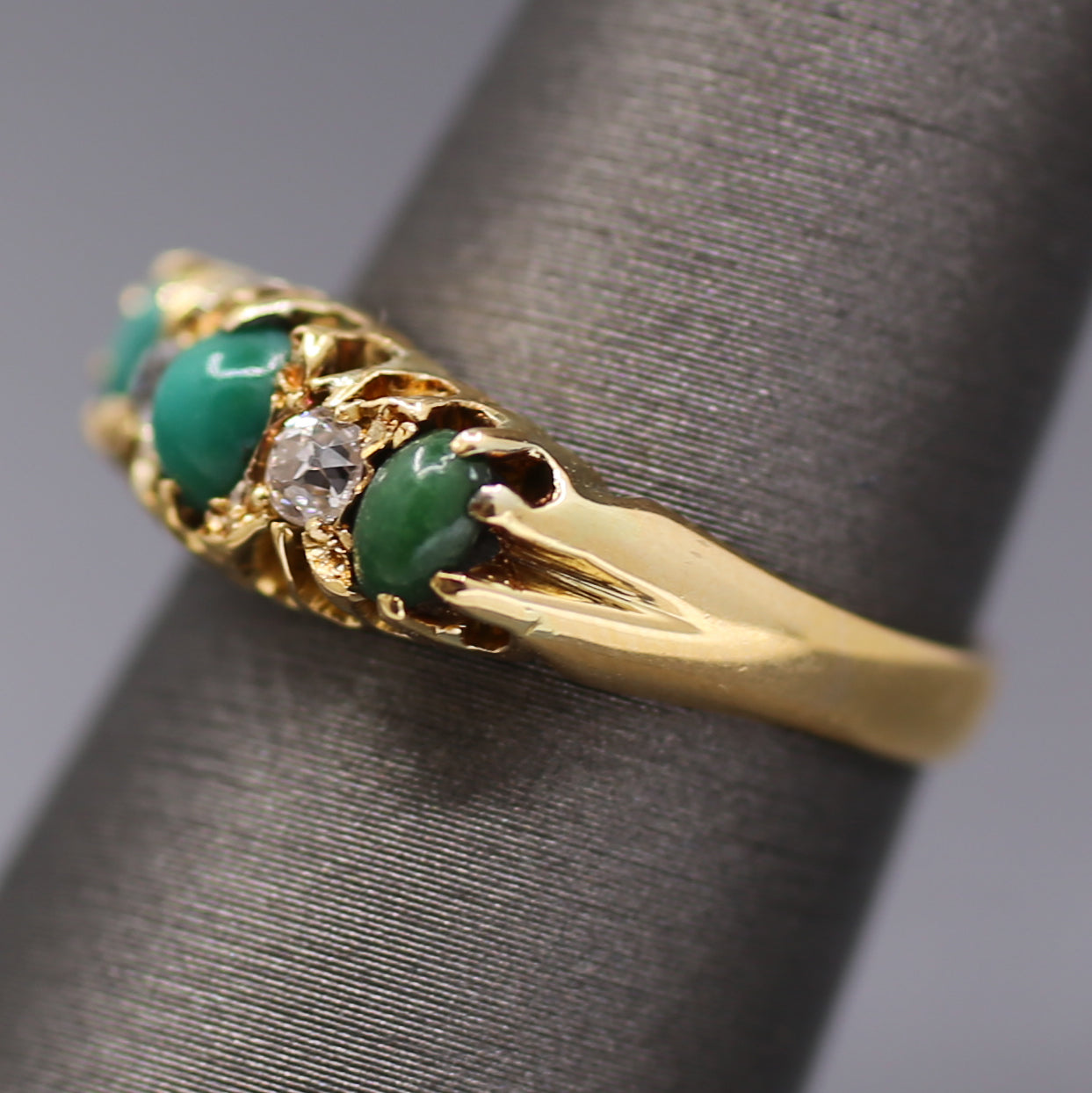 Victorian Turquoise and Old Mine Cut Diamond Five Stone Ring in 18k Yellow Gold