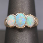 Late Victorian Bezel Set Opal Three Stone Engraved Band Ring in 14k Yellow Gold
