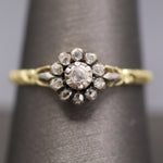 Petite Victorian Rose Cut Diamond Engraved Ring in Silver and 14k Yellow Gold