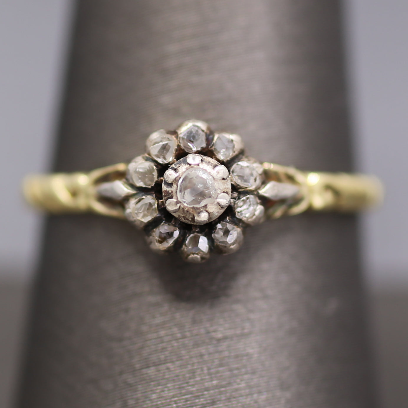 Petite Victorian Rose Cut Diamond Engraved Ring in Silver and 14k Yellow Gold