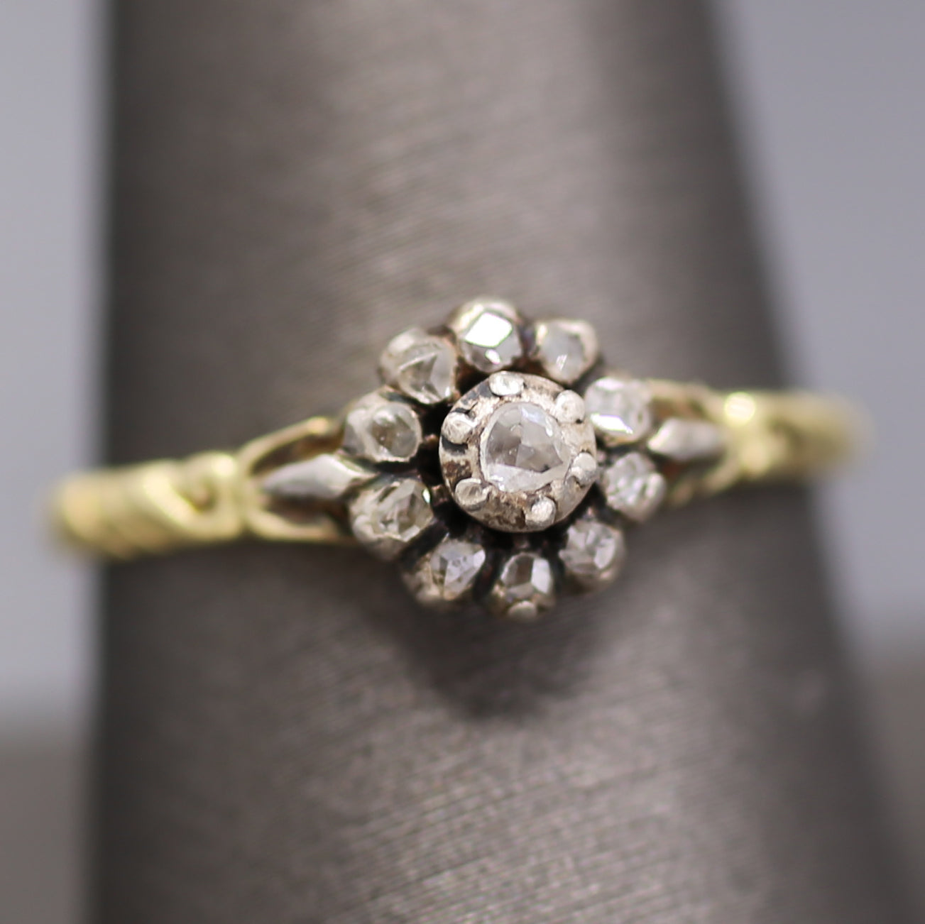 Petite Victorian Rose Cut Diamond Engraved Ring in Silver and 14k Yellow Gold