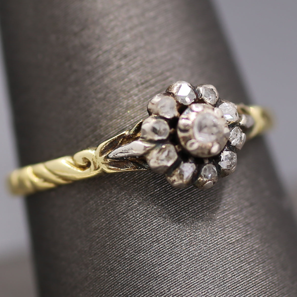 Petite Victorian Rose Cut Diamond Engraved Ring in Silver and 14k Yellow Gold