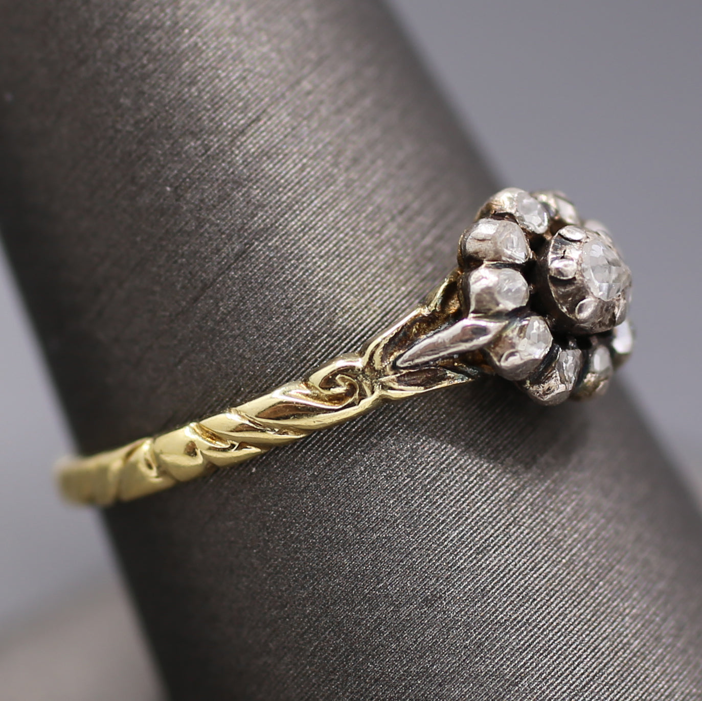 Petite Victorian Rose Cut Diamond Engraved Ring in Silver and 14k Yellow Gold