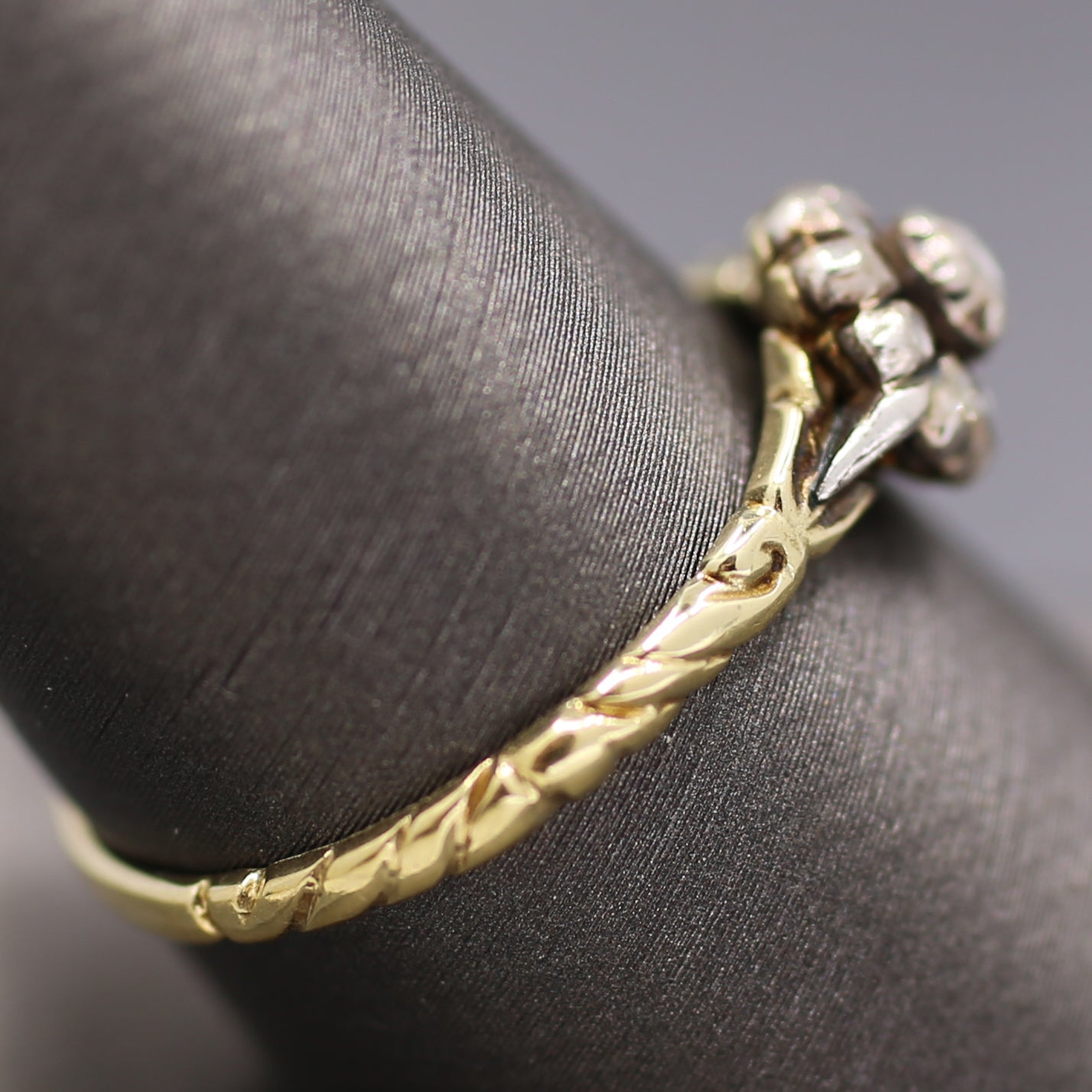 Petite Victorian Rose Cut Diamond Engraved Ring in Silver and 14k Yellow Gold