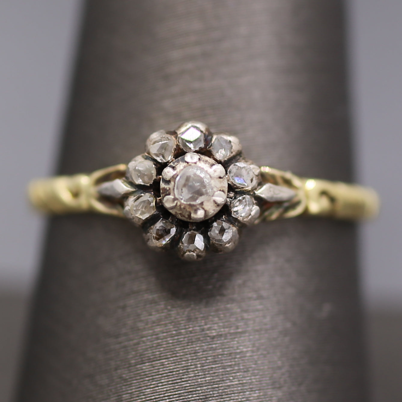 Petite Victorian Rose Cut Diamond Engraved Ring in Silver and 14k Yellow Gold