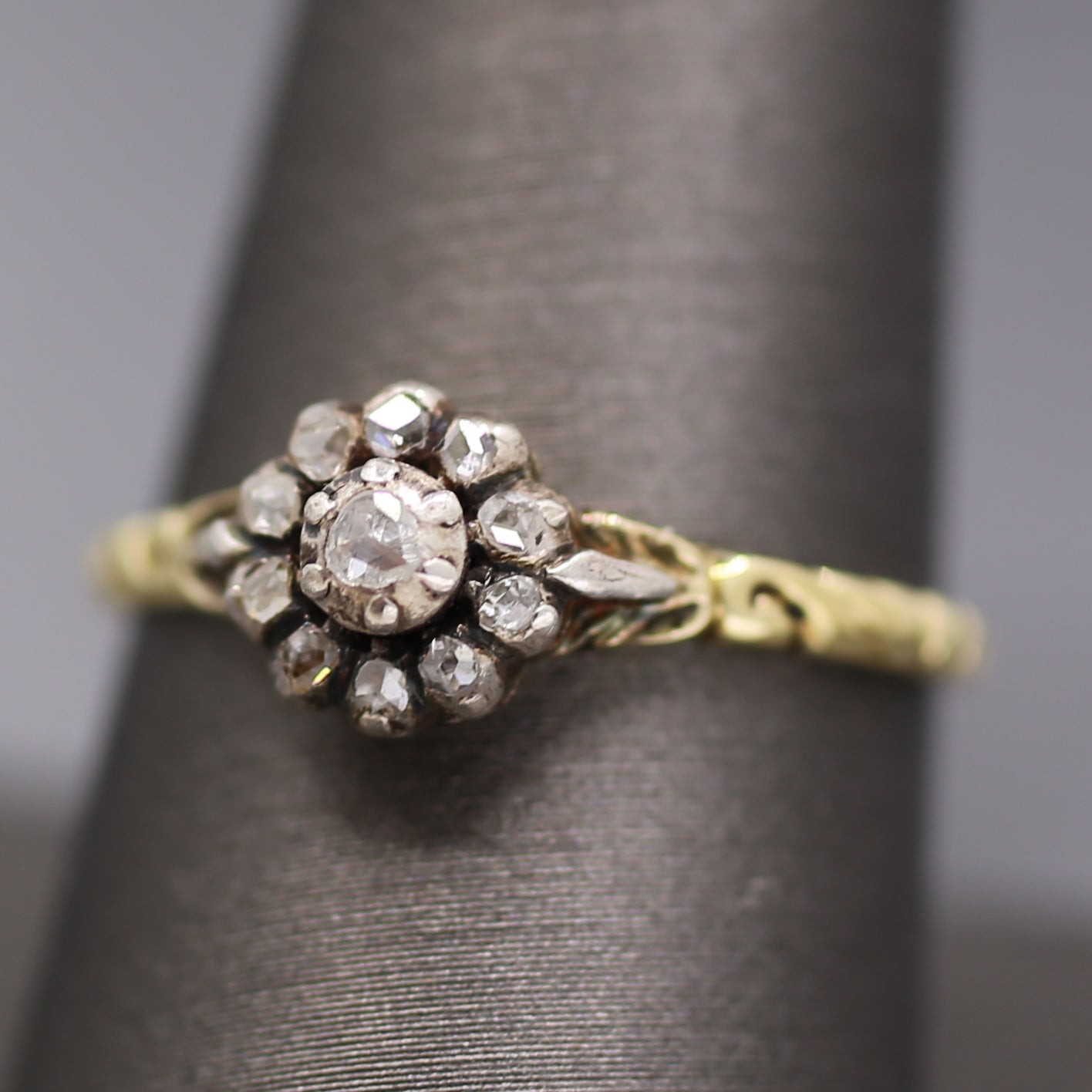 Petite Victorian Rose Cut Diamond Engraved Ring in Silver and 14k Yellow Gold