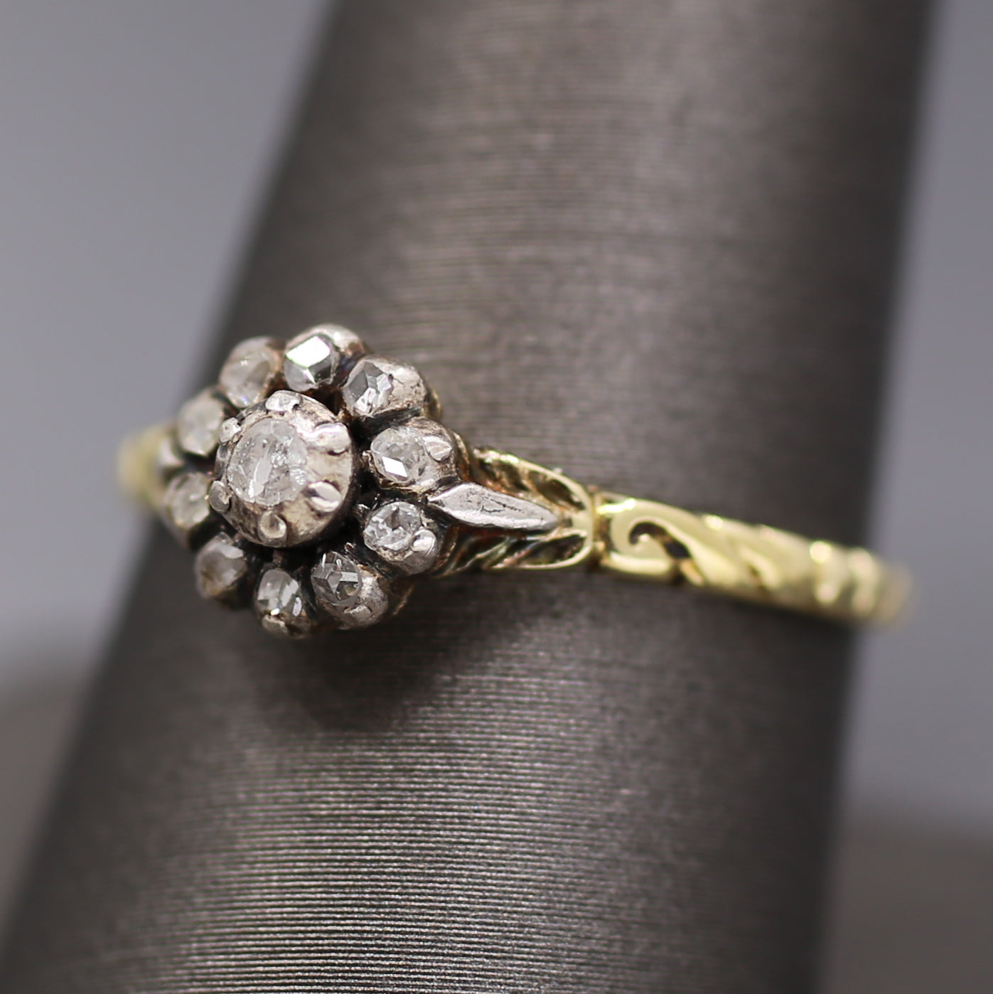 Petite Victorian Rose Cut Diamond Engraved Ring in Silver and 14k Yellow Gold