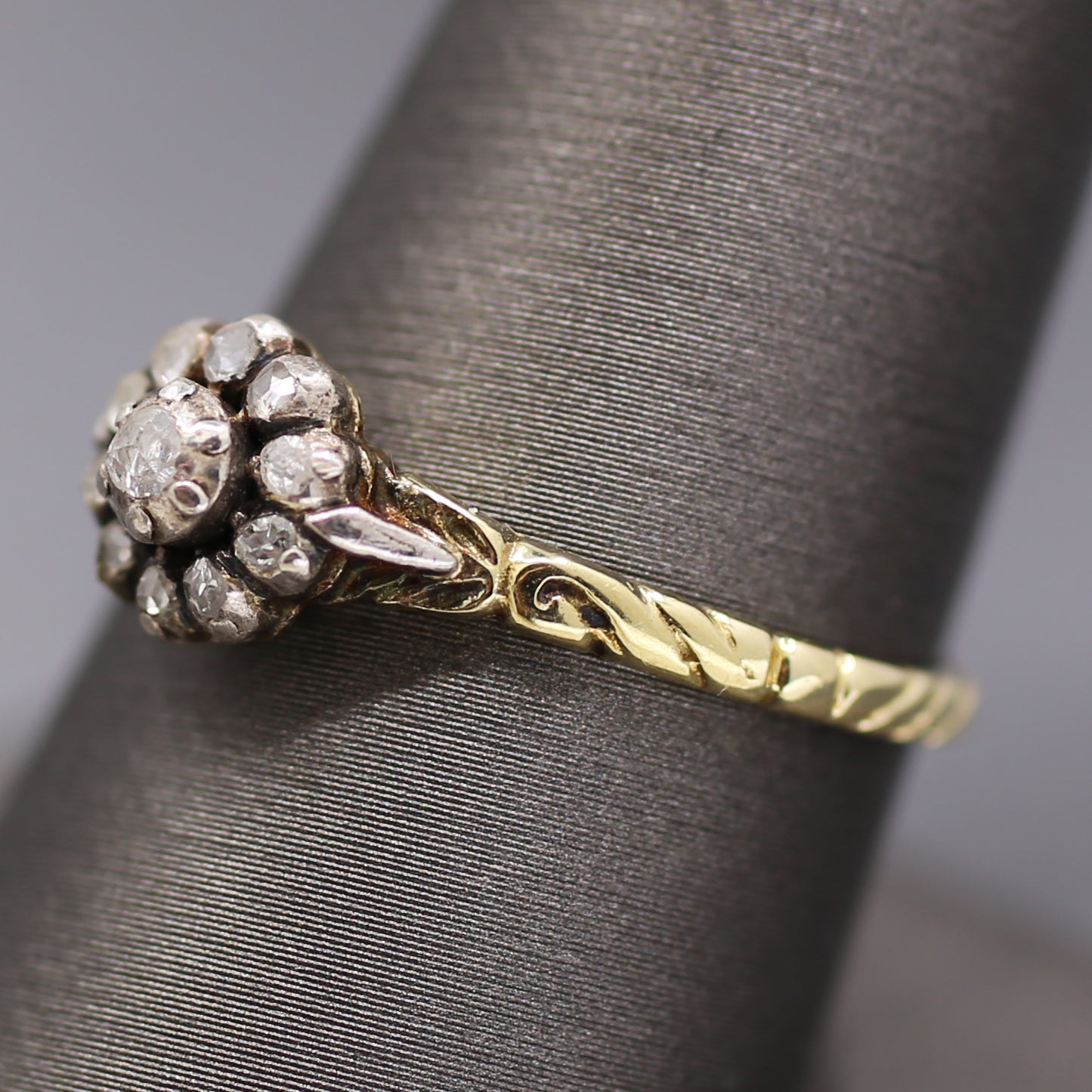 Petite Victorian Rose Cut Diamond Engraved Ring in Silver and 14k Yellow Gold