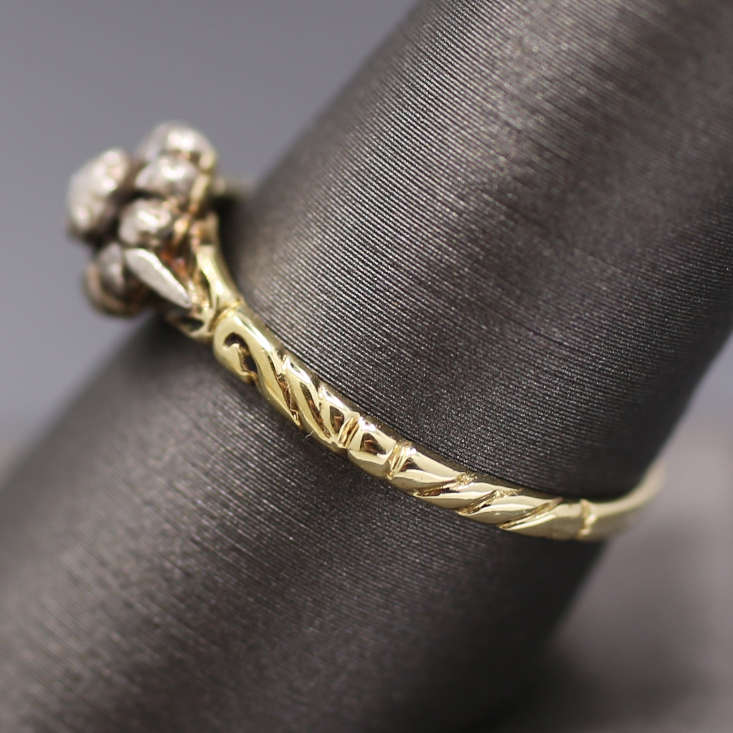 Petite Victorian Rose Cut Diamond Engraved Ring in Silver and 14k Yellow Gold