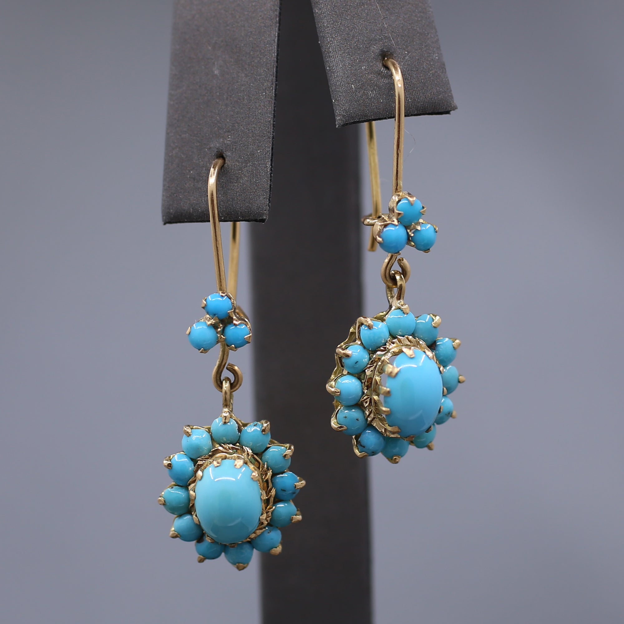 Antique Victorian Turquoise Dangle Earrings in 14k Yellow Gold