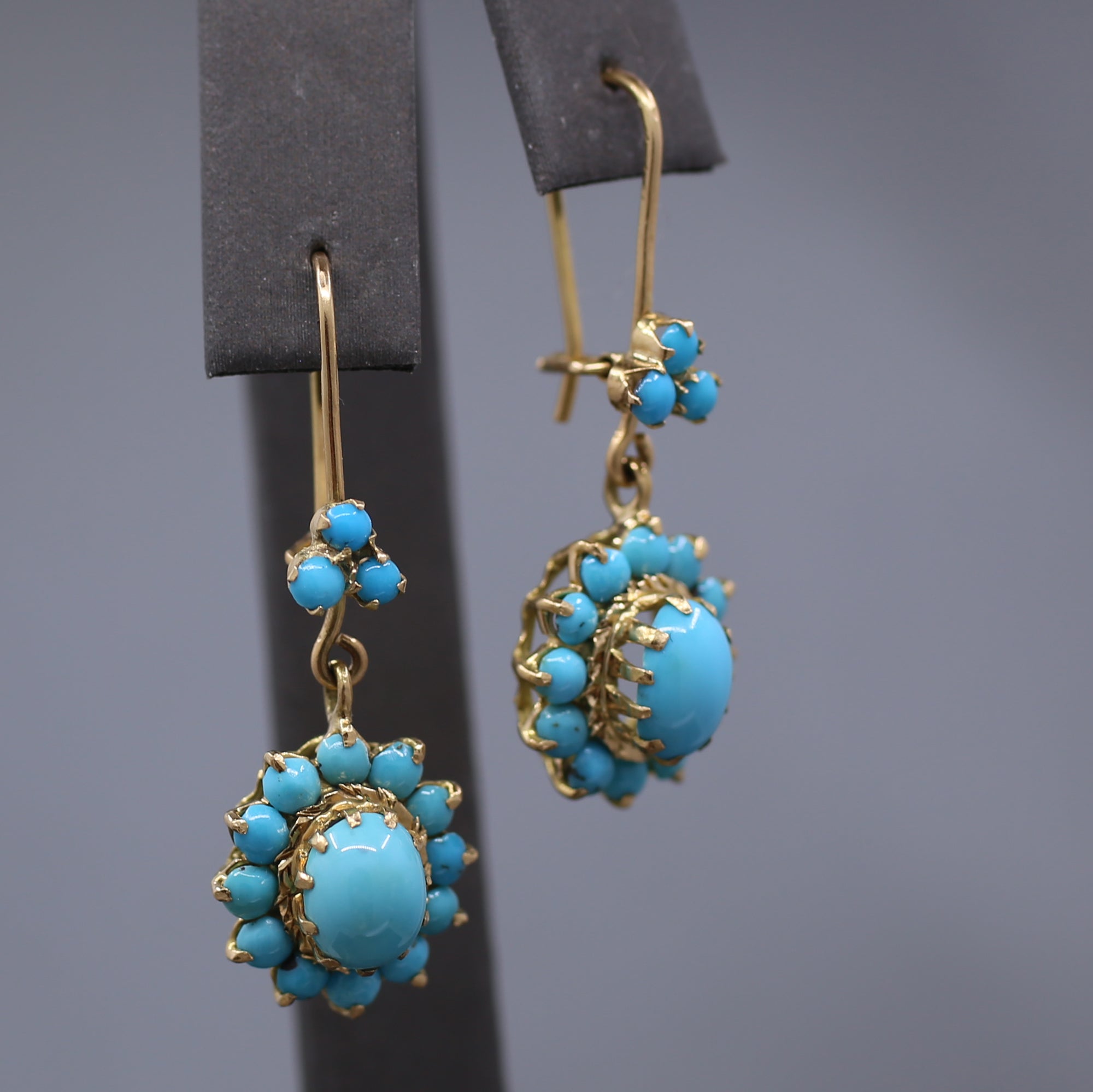 Antique Victorian Turquoise Dangle Earrings in 14k Yellow Gold