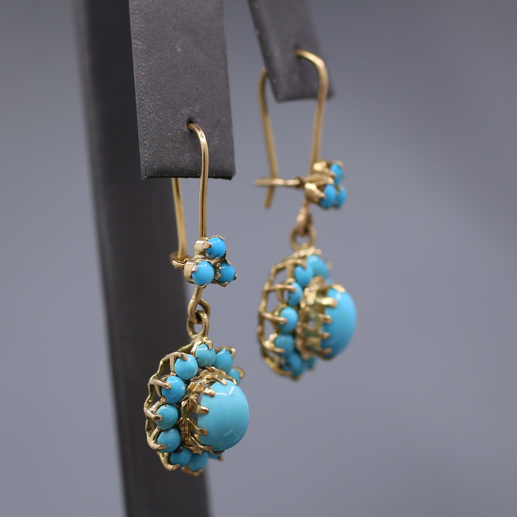 Antique Victorian Turquoise Dangle Earrings in 14k Yellow Gold