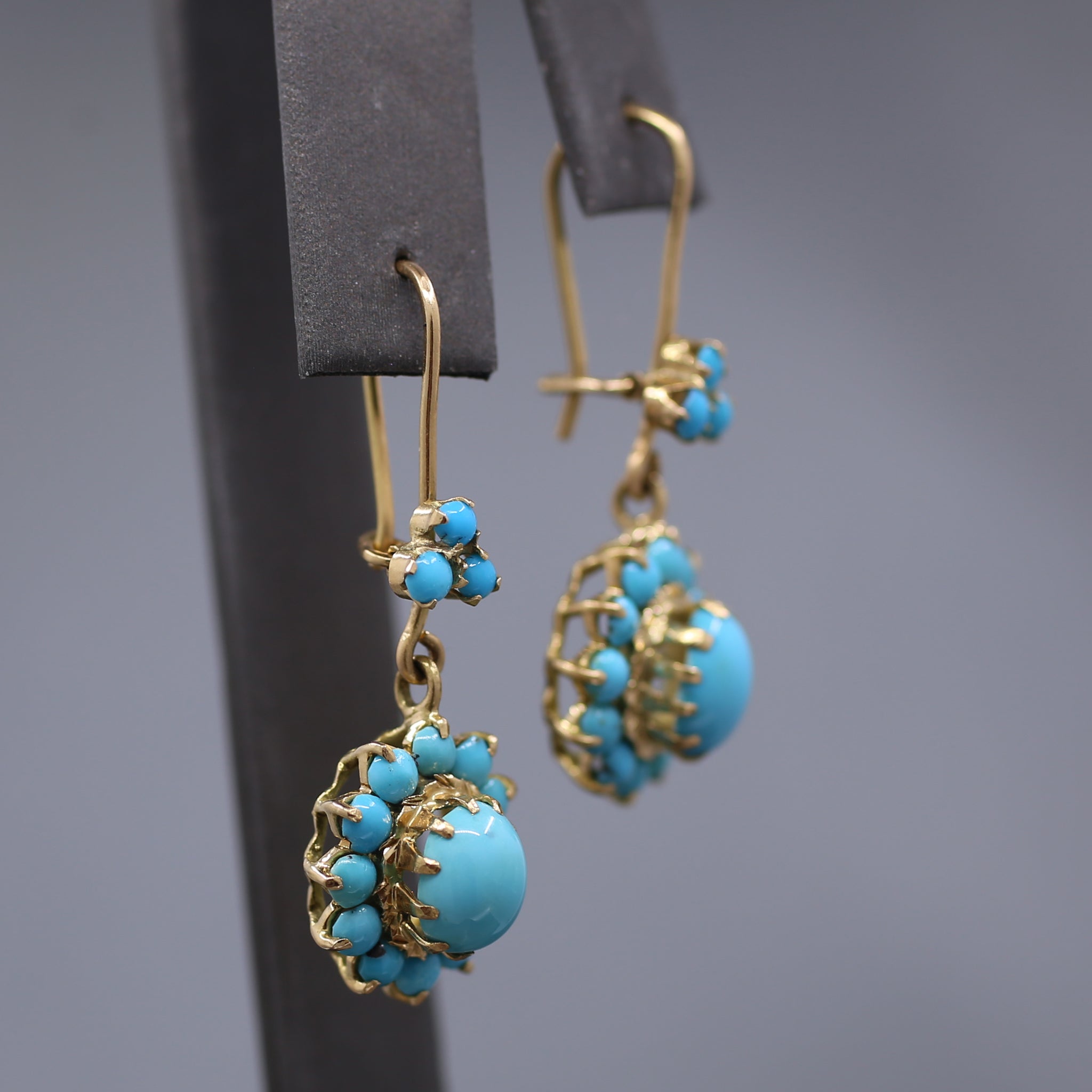 Antique Victorian Turquoise Dangle Earrings in 14k Yellow Gold