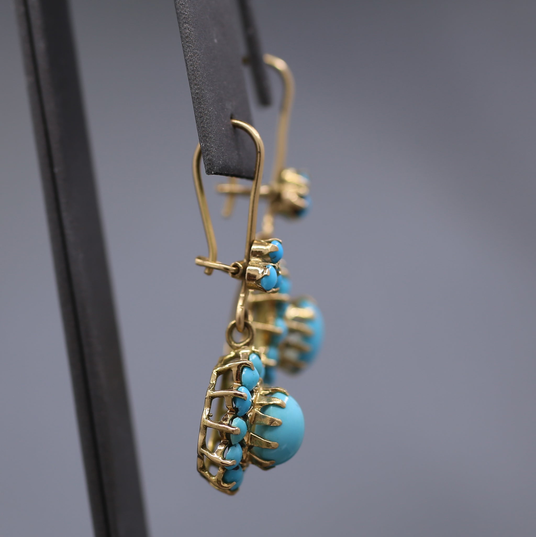 Antique Victorian Turquoise Dangle Earrings in 14k Yellow Gold
