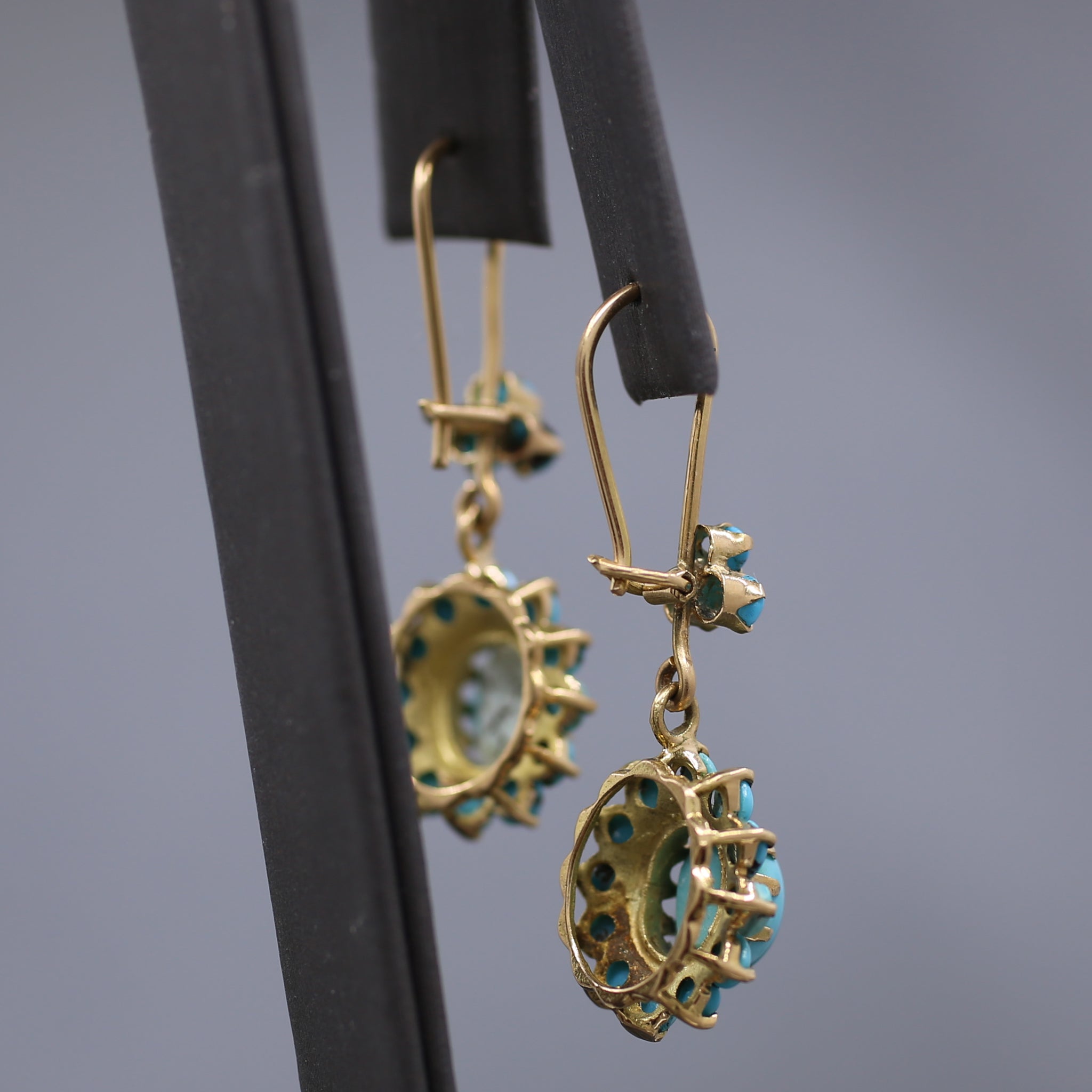 Antique Victorian Turquoise Dangle Earrings in 14k Yellow Gold