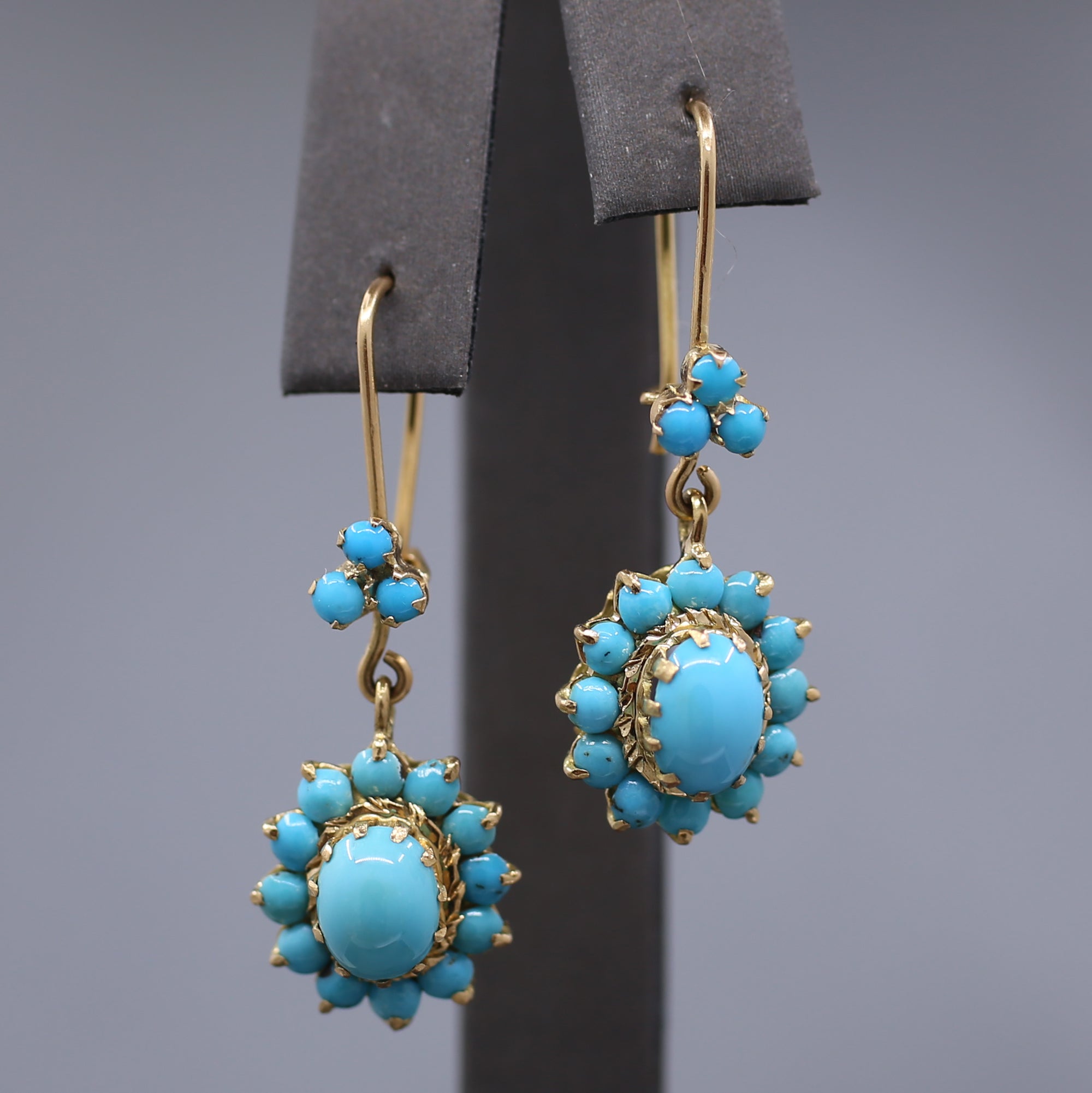 Antique Victorian Turquoise Dangle Earrings in 14k Yellow Gold